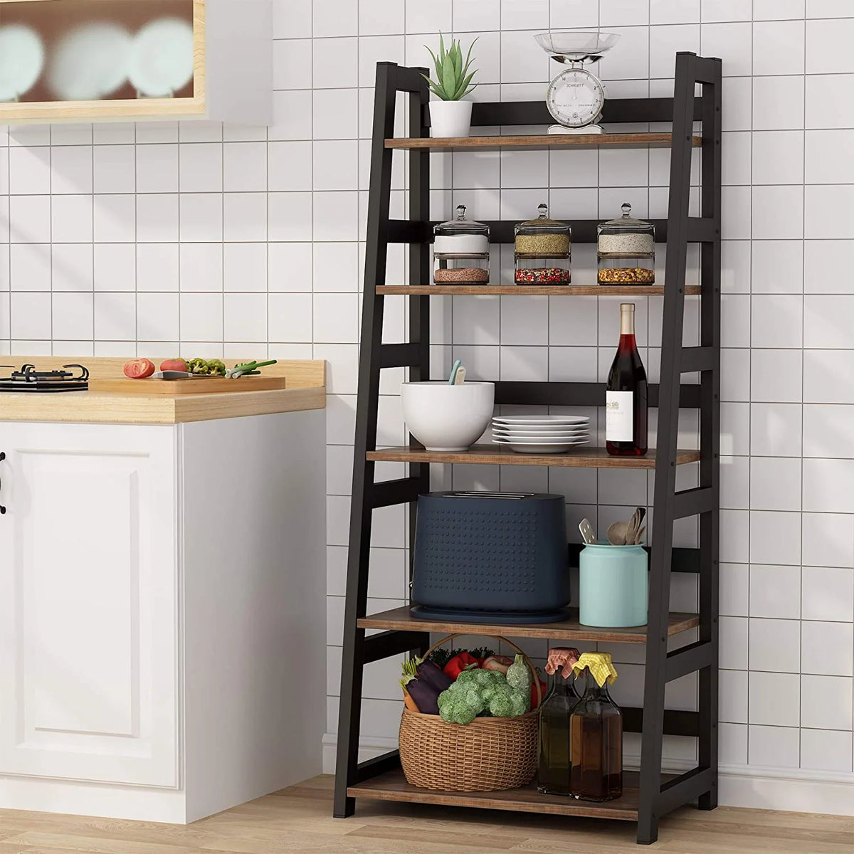 Tribesigns 5 Shelf Ladder Bookshelf Bookcase with Storage, Modern Etagere Bookcase for Living Room , Wood & Metal