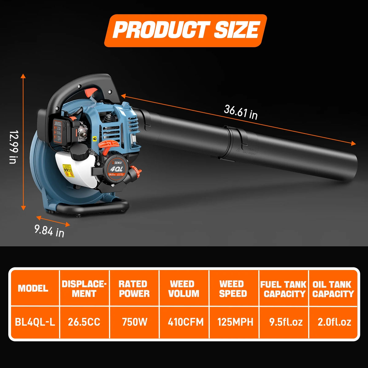 SENIX 4QL 26.5cc 4-Cycle Gas Powered Leaf Blower, 410 CFM/125 MPH, Dual-Grip Handle, Lightweight, BL4QL-L