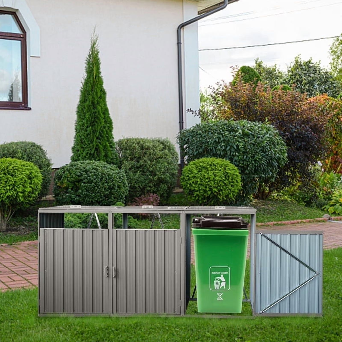 JXXRZ Metal Garbage Bin Shed for 2 Trash Cans with Lockable Doors and Lids,Galvanized Steel Garbage Bin Storage Shed for Garden Yard Lawn, Black