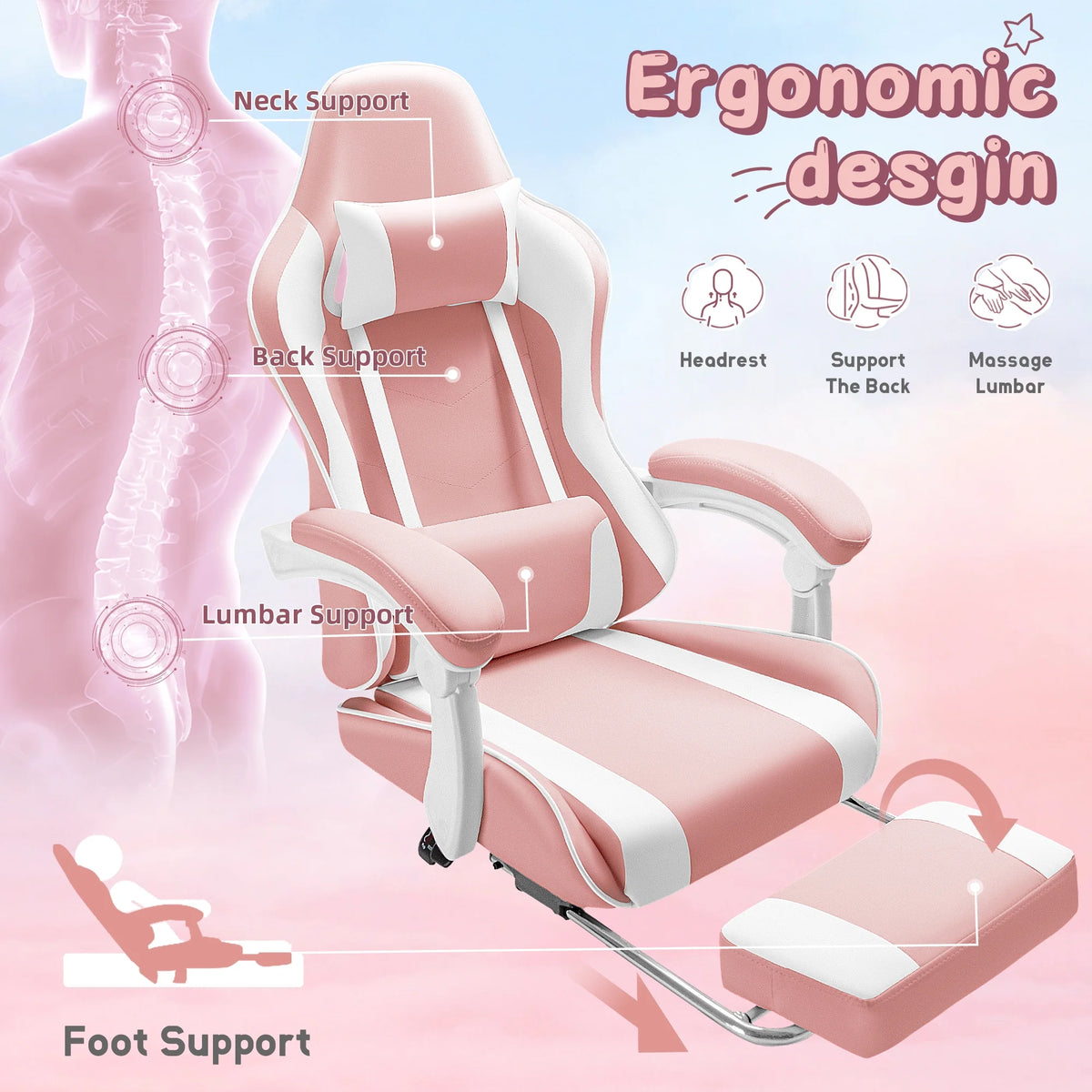 Lacoo PU Leather Gaming Chair Massage Ergonomic Gamer Chair Height Adjustable Computer Chair with Footrest & Lumbar Support, White
