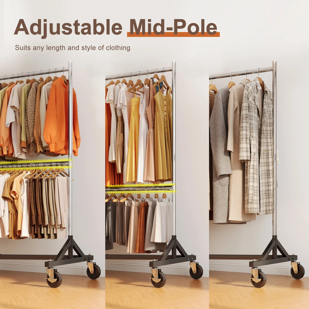 HOKEEPER 400LBS Commercial Z Base Garment Rack Heavy Duty Clothing Rack Height Adjustable Rolling Clothes Rack for Hanging Clothes Racks on Wheels Portable Z Rack Chrome Finish