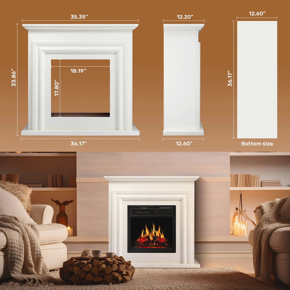 Electactic Electric Fireplace, Free Standing Fireplace, with Remote Control, Adjustable LED Flame, 750W/1500W -��White��