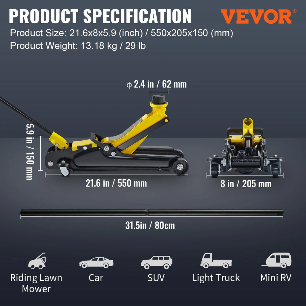 2.5 Ton Low Profile Floor Jack - Heavy Duty Steel Hydraulic Pump for Cars & SUVs