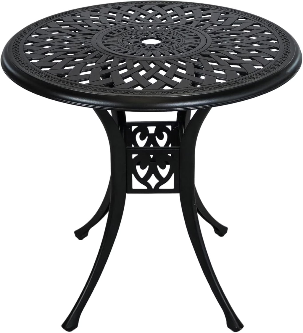 30.3 Inch Round Patio Table Cast Aluminum Patio Table,Metal Patio Dining Table with Umbrella Hole,All Weather Outdoor Bistro Dining Table for Backyard, Garden, Balcony, Black