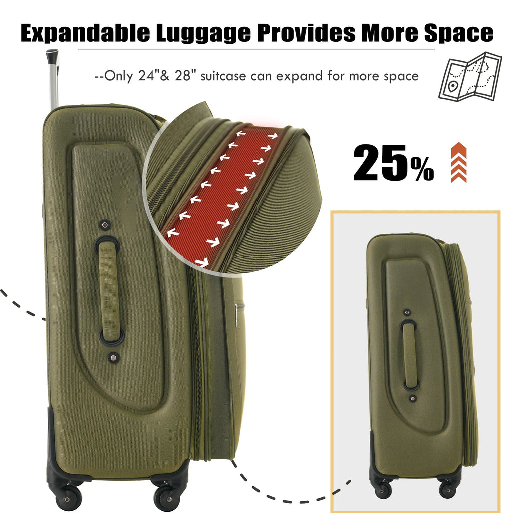 EUROCO 3 Piece Softside Luggage Set,Expandable Suitcase Set with TSA Lock and Spinner Wheels,Lightweight Suitcase for Men Women(20",24",28"),Black