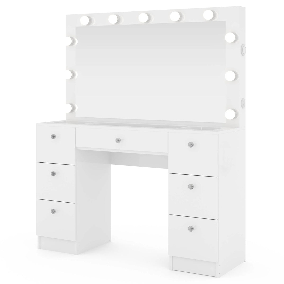 Ember Interiors Ibbie White Makeup Vanity with Glass Top, Lights, Charging Station
