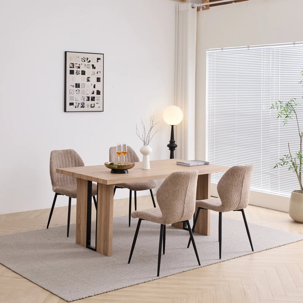 5pcs Rectangle Dining Table Chairs Set for 4, 63" Farmhouse Wood Kitchen Table with 4 Upholstered Mid Century Modern Boucle Chairs for Dinner, Living Dining Room, Apartment, Beige
