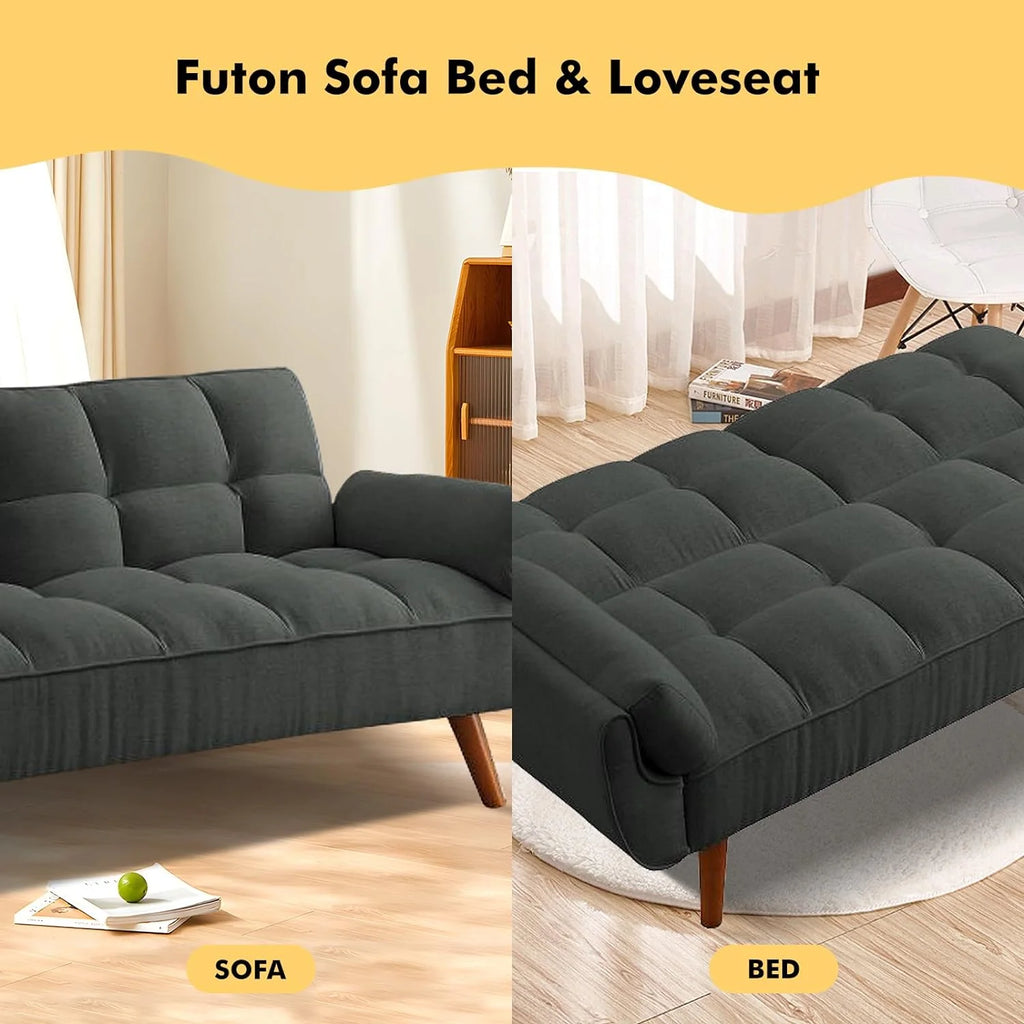Mydepot Convertible Futon Sofa Bed, Adjustable Couch Sleeper Modern Fabric Recliner Reversible Loveseat Folding Daybed Guest Bed, Armrests, Yellow