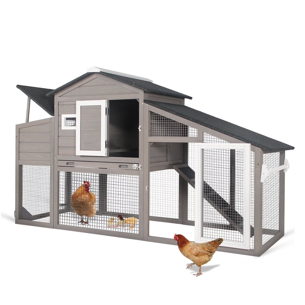 PETSCOSSET Chicken Coop with Run Large Wooden Chicken Tractor with Wheels Waterproof Outdoor Hen House Poultry Cage, Gray