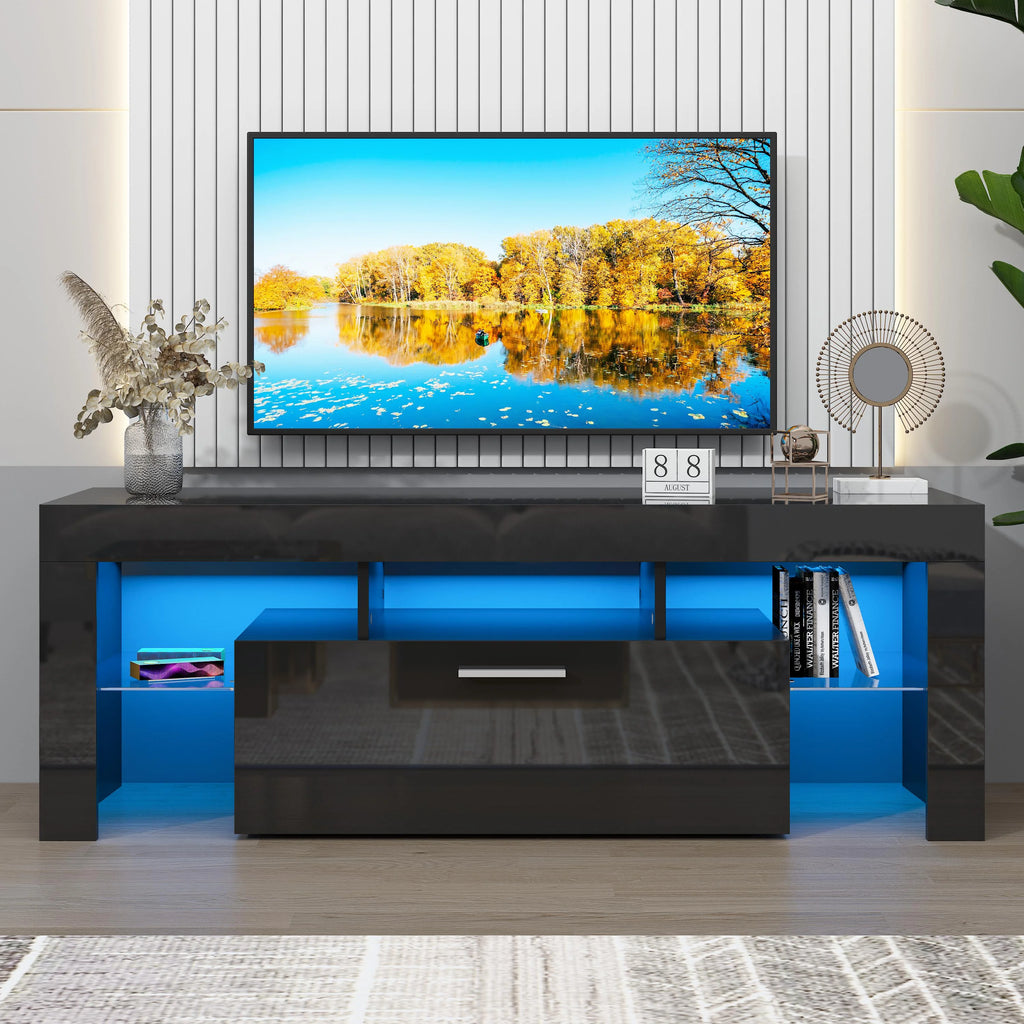 UHOMEPRO TV Stand for TV up to 70", Living Room Entertainment Center with RGB LED Lights and Storage Shelves Furniture, White High Gloss TV Cabinet Console Table