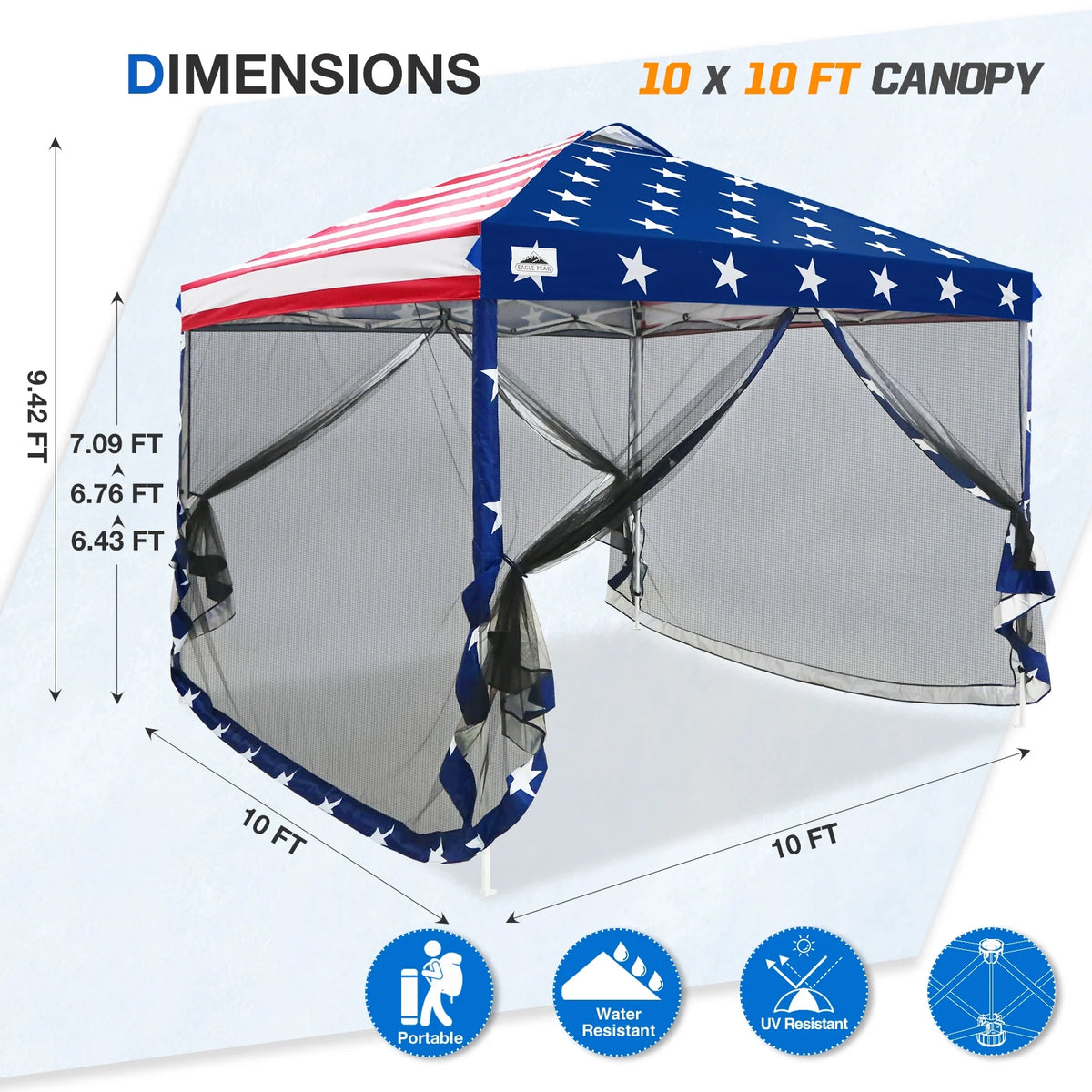 EAGLE PEAK 10 x 10 Outdoor Easy Pop up Canopy with Netting, Instant Screen Party Tent with Mesh Side Walls, American Flag