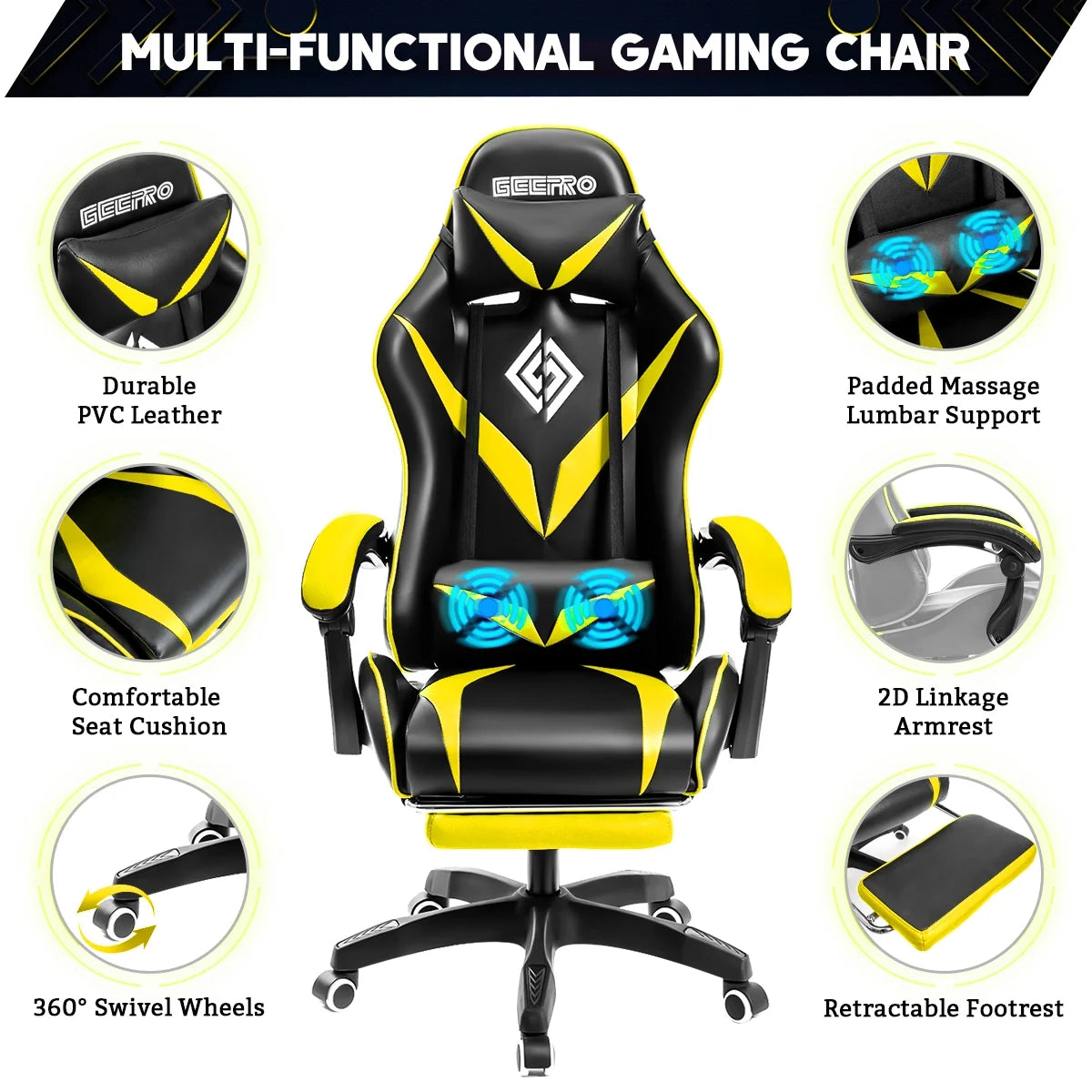 Gaming Chair with Massage Gamer Chair with 2D Armrests for Kids