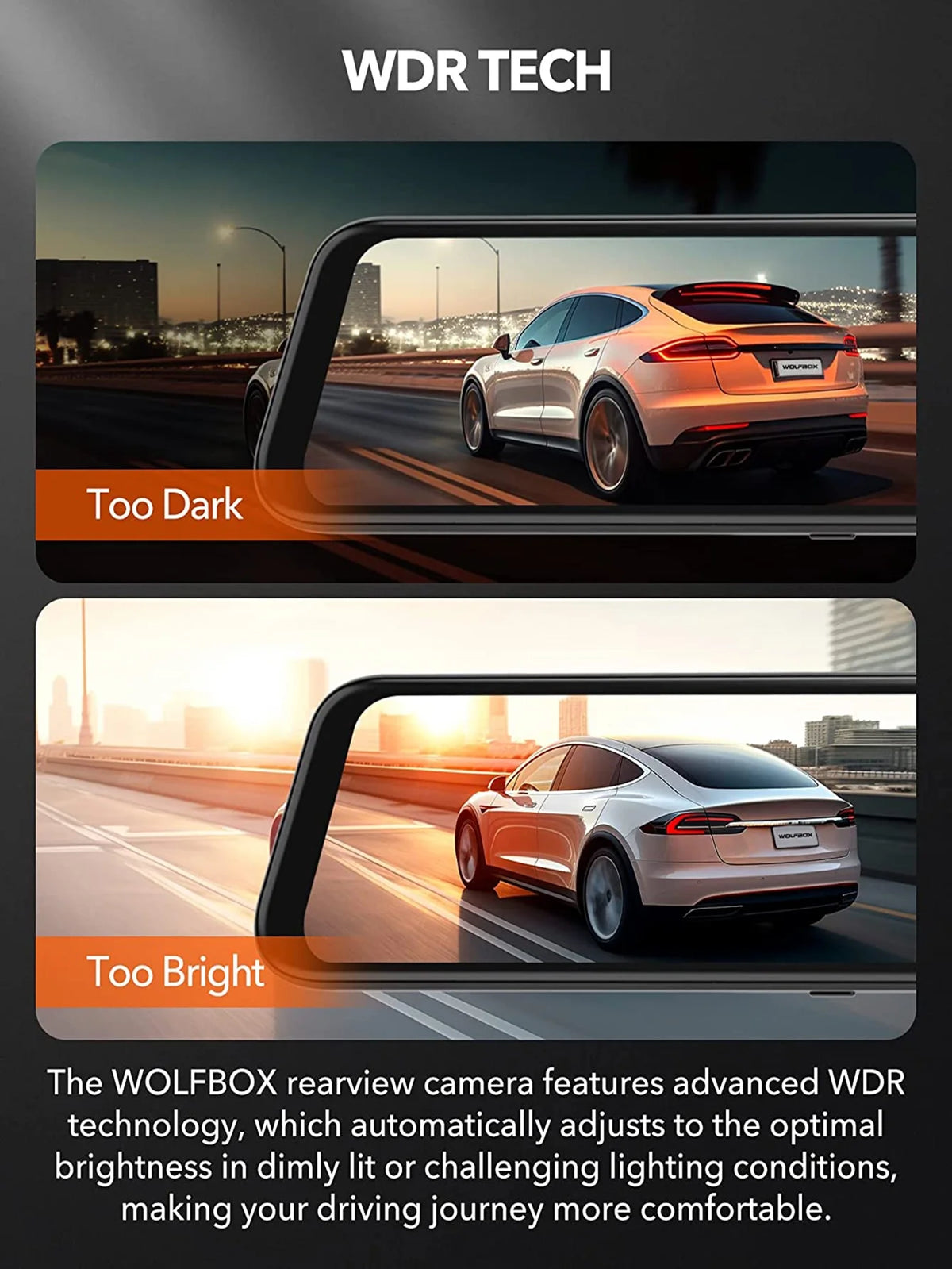 WolfBox Rear View Mirror Dash Cam, 2.5K Front + 1080P Rear Camera, 12'' Screen Mirror Car Dash Cam with Night Vision, Built-in Wi-Fi & GPS, 24H Parking Monitor, Free 32GB Card