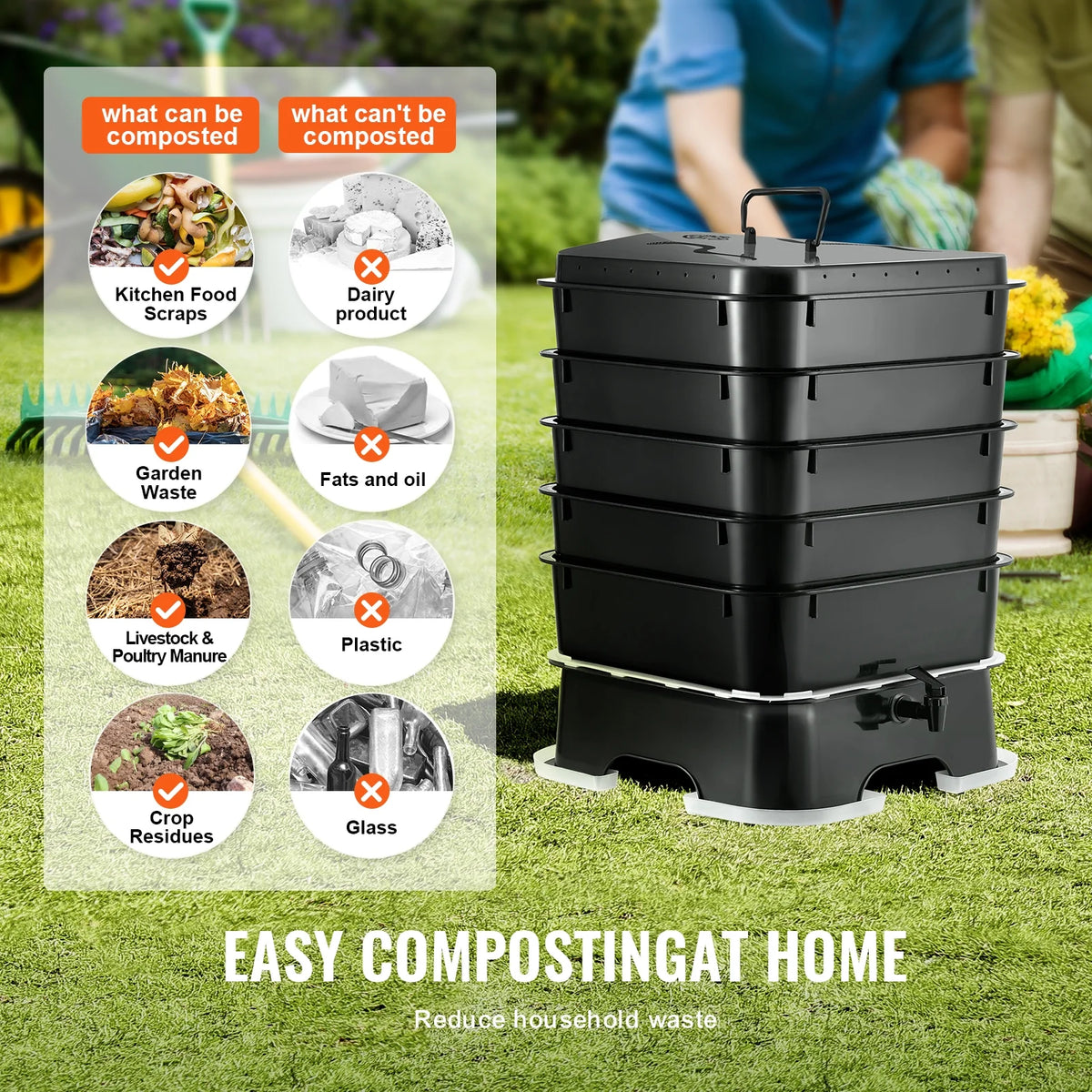 KFFKFF 5-Tier Worm Recycler, 50 L Indoor and Outdoor Worm Composting Container, Eco-Friendly Worm Cultivation Set, for Repurposing Kitchen Scraps, Worm Excreta, Worm Liquid