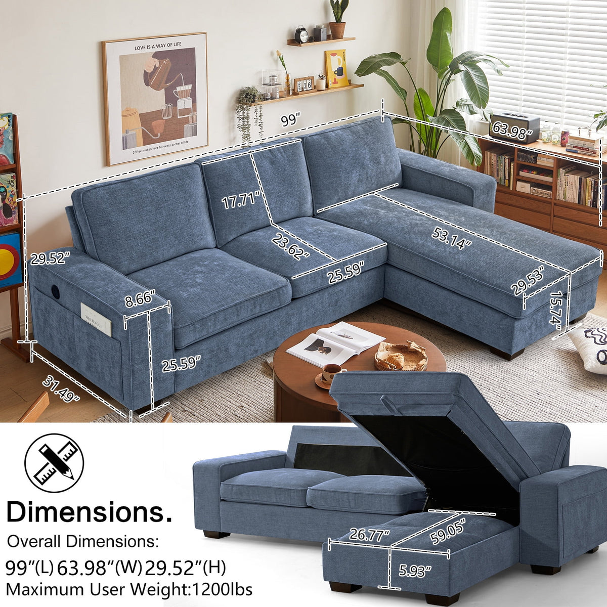 ASHOMELI 99'' Convertible Sectional Sofa,L Shaped Couch,Multi-Functional Reversible Sofa with USB and Type-C Charging Ports, Storage Space, Breathable Fabric