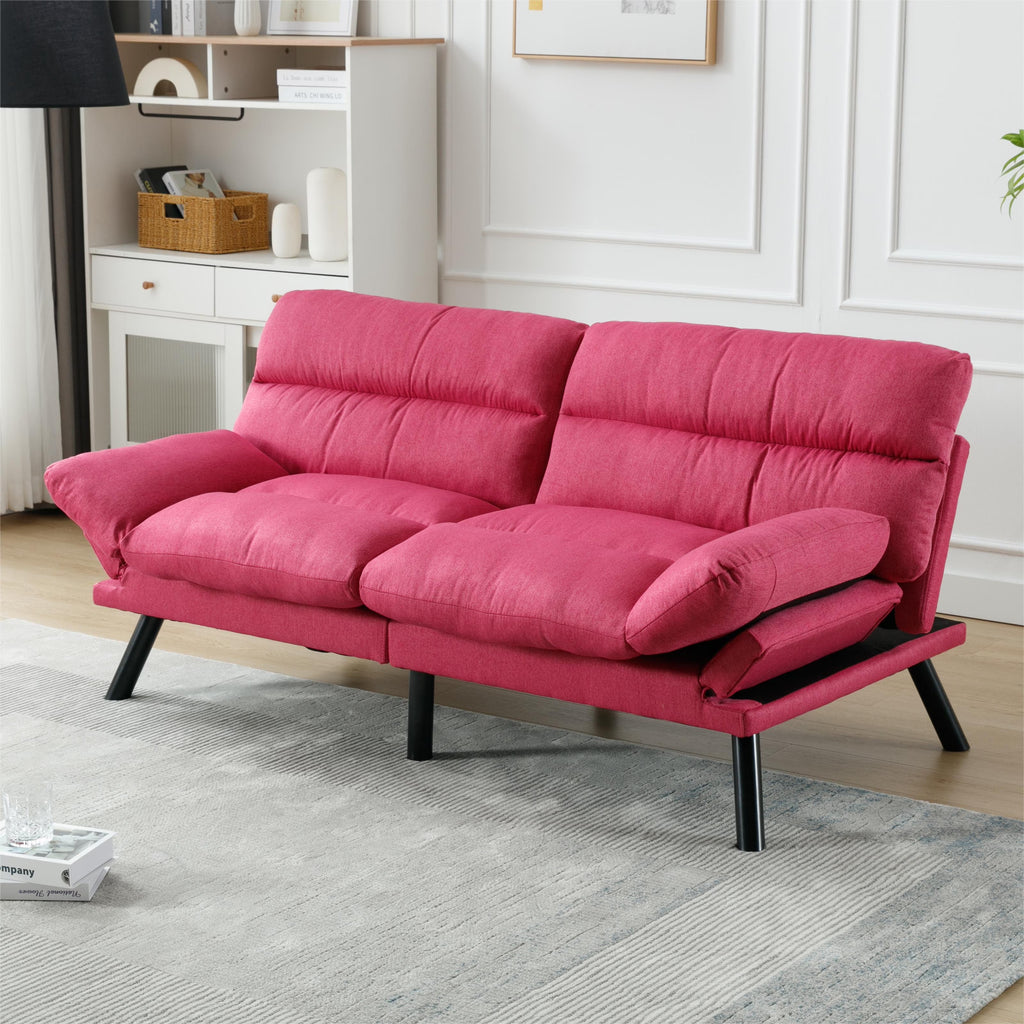 Memory Foam Futon,Convertible Futon Sofa Bed with Adjustable Armrests,Upholstered Futon Couch Sleeper Sofa for Compact Small Space,Rose Red