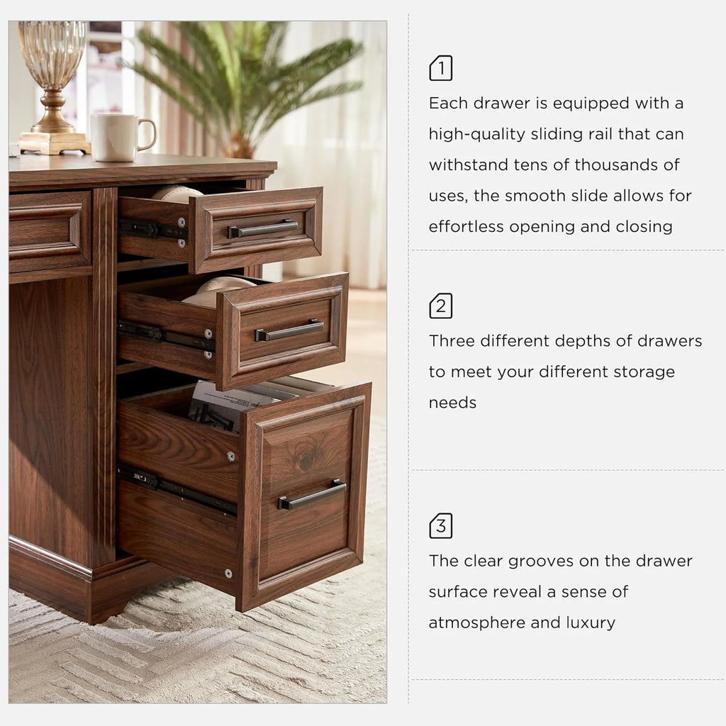 T4TREAM Farmhouse Wood 58" Executive Desk, Home Office 30" High Computer Desk with Drawers and Storage Cabinet, White