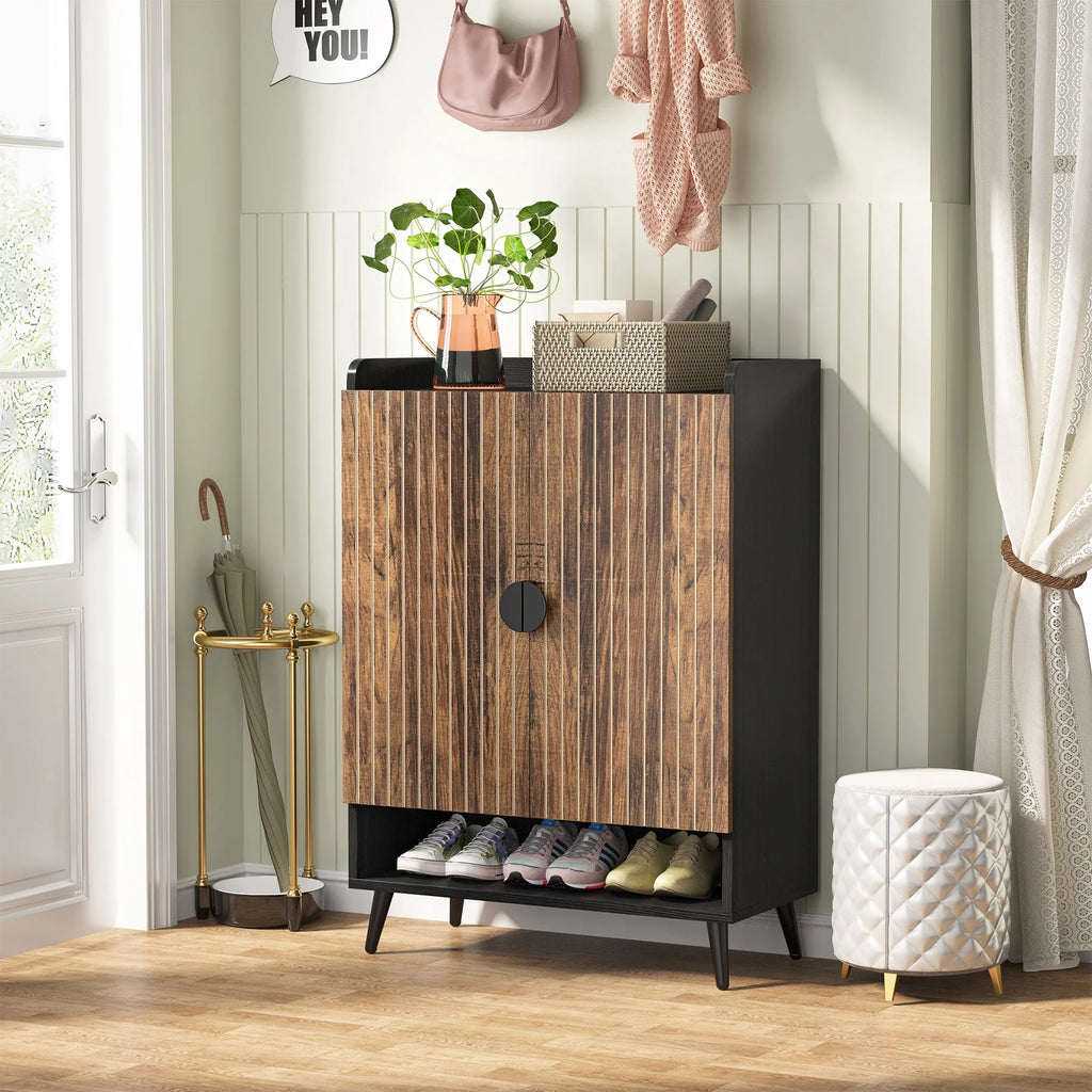 Tribesigns Shoe Cabinet with Doors, 7-Tier Shoe Storage Cabinet with Adjustable Shelves, Wood Grain Shoes Rack Shoe Organizer