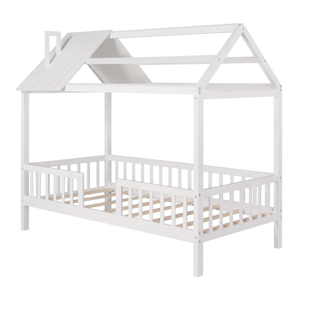 Euroco Twin Size Platform Bed, House Bed with Fence for Kids, Gray