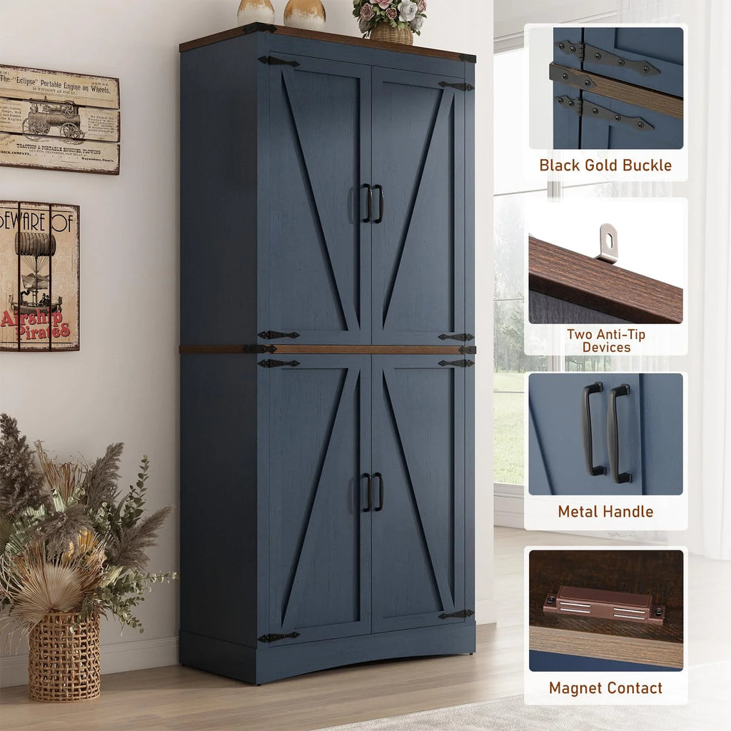 71" Tall Farmhouse Kitchen Pantry Cabinet, 5 Layers Storage Cabinet with Adjustable Shelves, Farmhouse Pantry Cabinet with 4 Barn Doors for Kitchen, Dining Room, Bathroom, Living Room, Rustic White