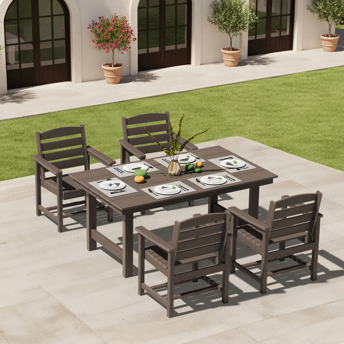 KINGYES 7-Piece Outdoor Dining Set, HDPE Patio Table and Chairs with Umbrella Hole, Gray
