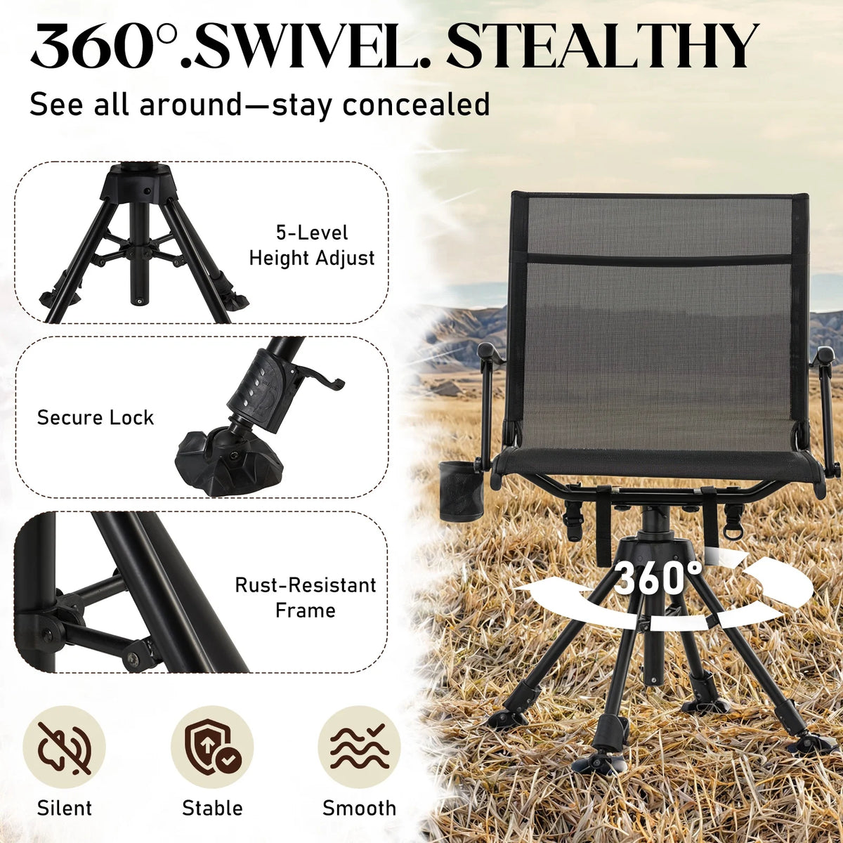 Danrelax 360�� Silent Camo Hunting Blind Chair, Armrests, Side Pouch, Telescopic Legs
