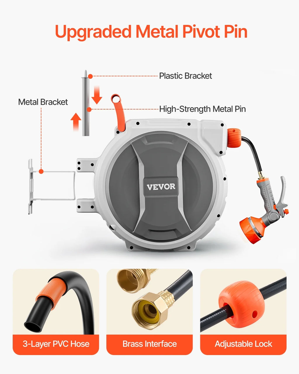 VEVOR Retractable Garden Hose Reel, 5/8 Inch x 100 ft Wall Mounted Hose Reel, Heavy Duty Garden Hose Reel with 9 Patterns Nozzle, Any Length Lock, Upgraded Slow Return System and 180��Swivel Bracket