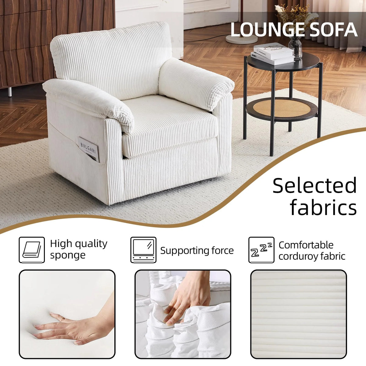 FFH 33" Oversized Swivel Accent Chair,Armchair with Side Pocket,Upholstered Corduroy Lounge Chaise Chair,Barrel Chairs,Comfy Single Sofa Chair for Living Room Reading Bedroom Office,Black