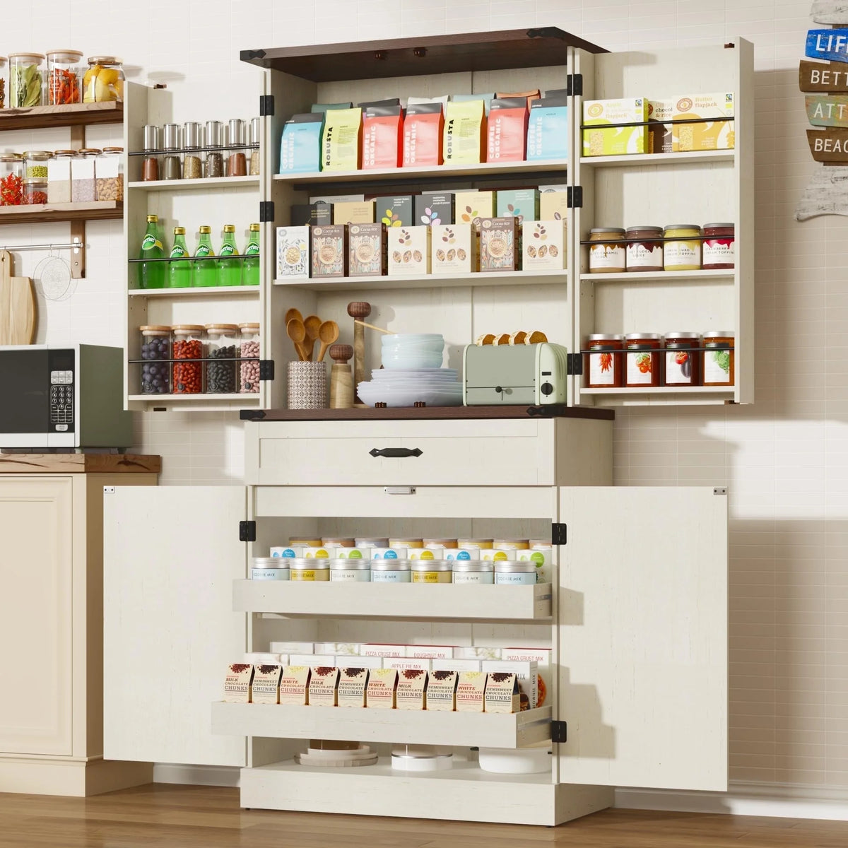 71" Tall Farmhouse Kitchen Pantry with 12 Side Shelves & Adjustable Shelves, 5 Layers Pantry Storage Cabinet w/Load-Bearing Steel Pipe & 4 Barn Doors for Kitchen, Dining Room, Living Room, Brown