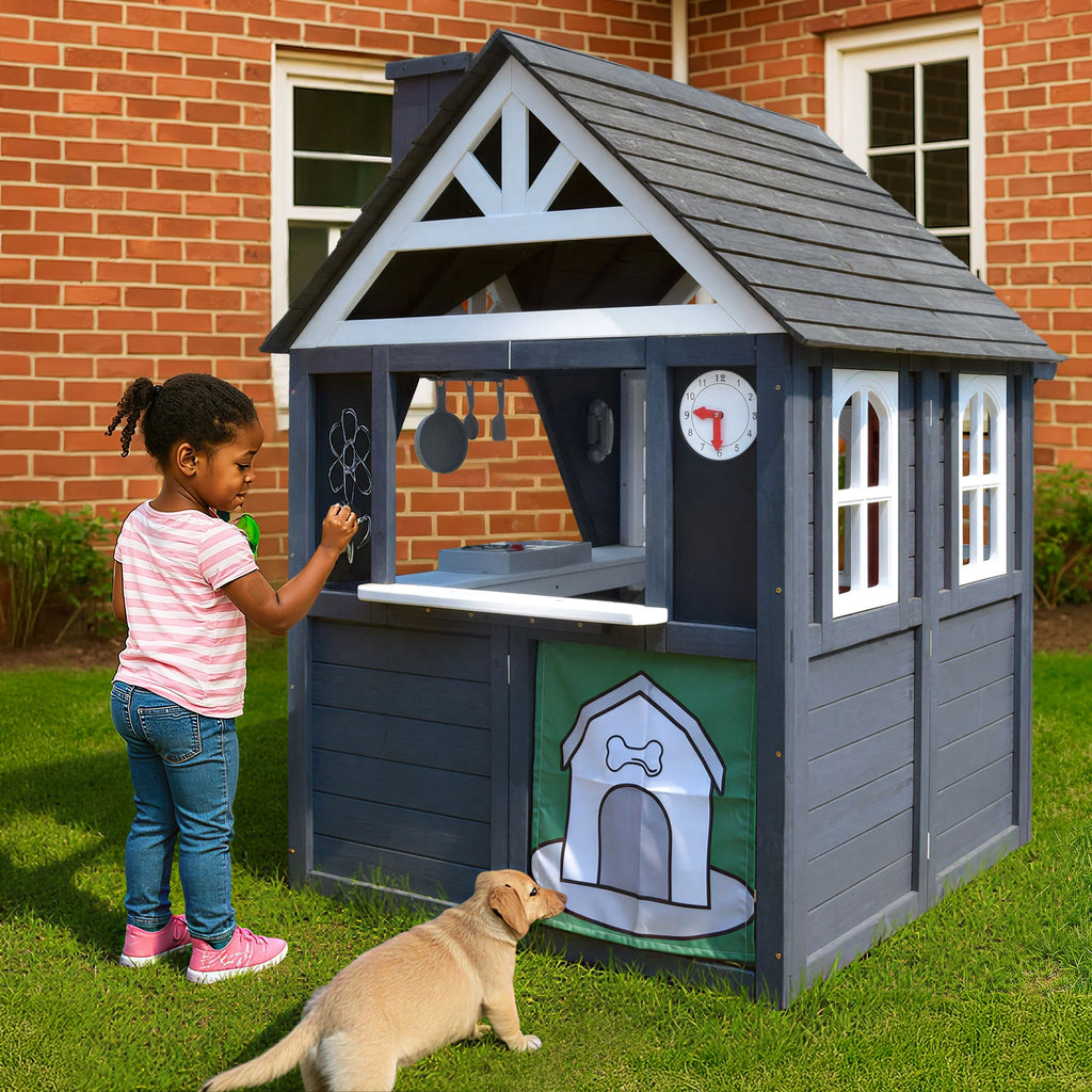 COCLUB Outdoor Playhouse for Kids Ages 4-8, Wooden Play House with Doorbell, Phone, Kitchen Toys, Outdoor Kids Play Equipment, Casa Para Niñas (45”L x 65”H), White & Black