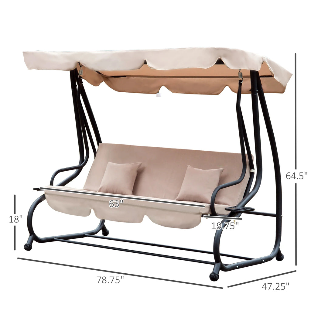 Outsunny 3-Seat Steel Outdoor Canopy Porch Swing with Cushions and Pillows, Light Brown
