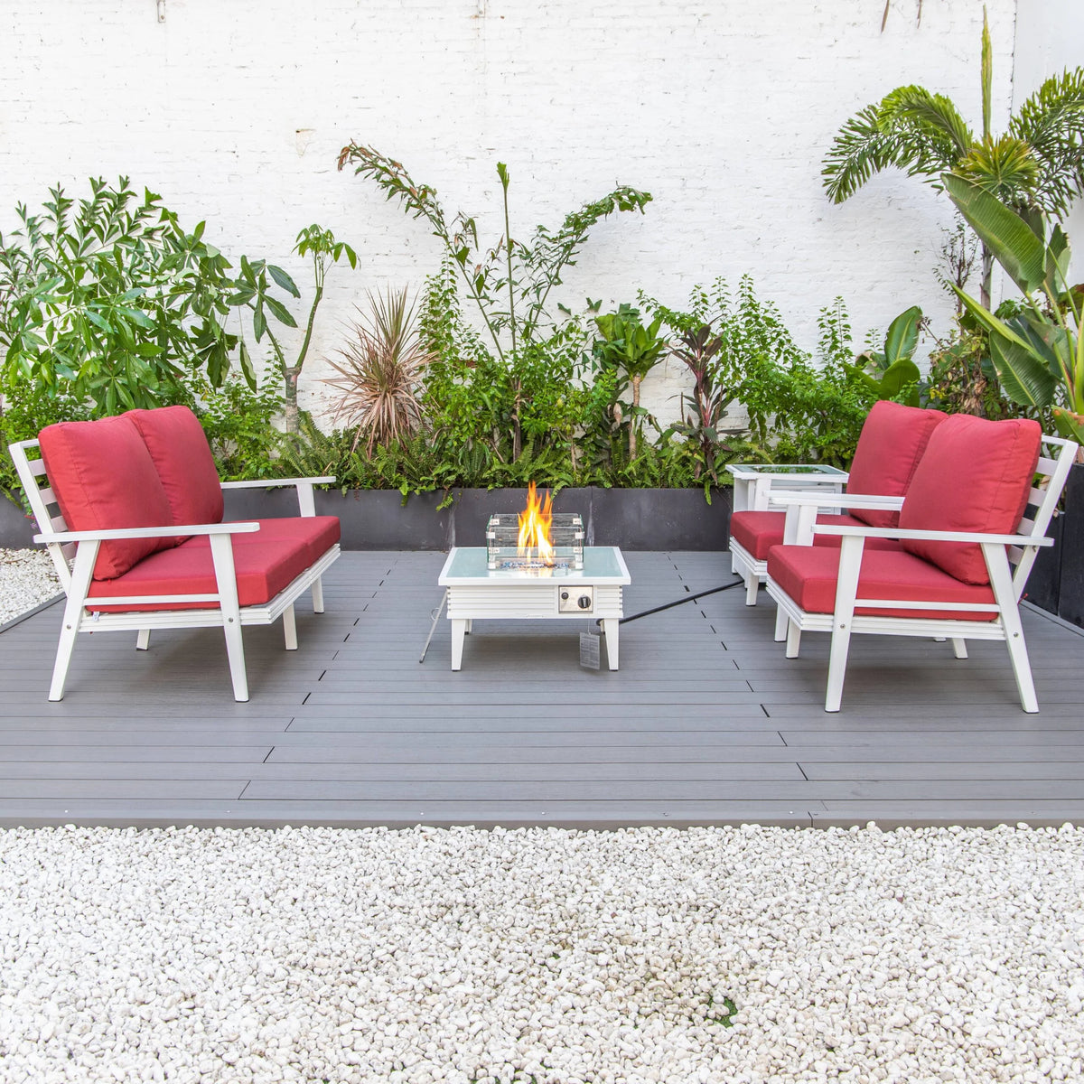 LeisureMod Walbrooke Modern Aluminum 5-Piece Patio Conversation Set with Outdoor Square Fire Pit Table with Slats Design & Side Table Tank Holder (Green)