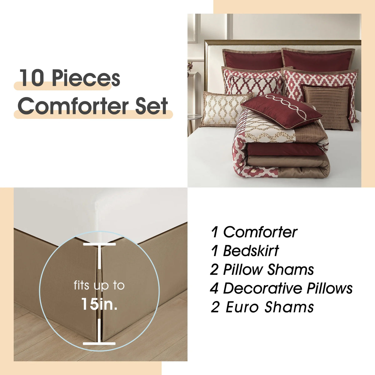 LANCO MODERN LIFESTYLE King Size Comforter Set, Burgundy, 10 Piece Bed in a Bag for All Seasons, Luxury Extreme Comfort Bedding Sets with Bedskirt, Pillow Shams, Euro Shams and Decor Pillows