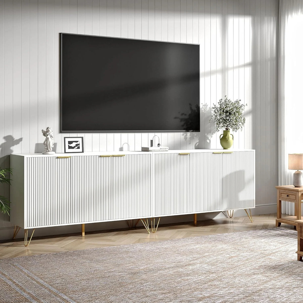 Fluted TV Stand for 100 Inch TV, Modern TV Stand Console, White Entertainment Center with Storage Cabinets, Adjustable Shelves & Gold Handles, Wood Media Cabinet for Living Room