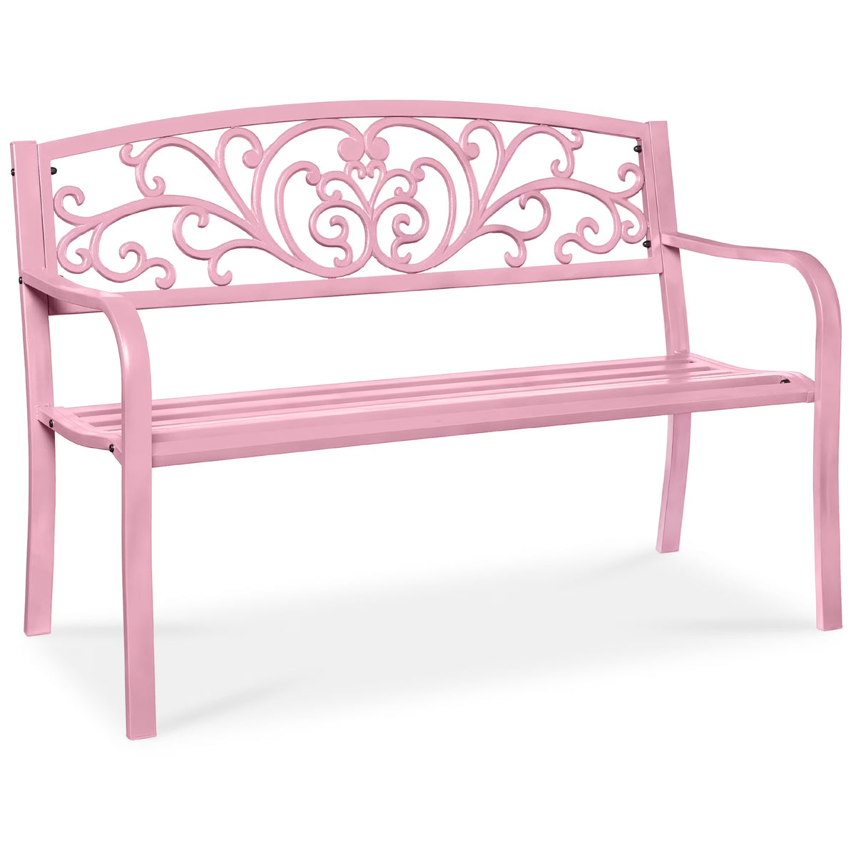 Best Choice Products Outdoor Steel Bench Garden Patio Porch Furniture w/ Floral Design Backrest - Black