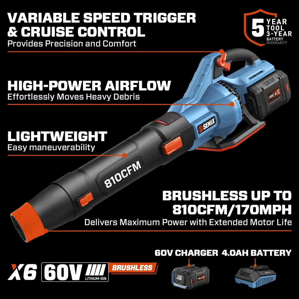 SENIX X6 60V Max* Brushless Cordless Leaf Blower with 4.0 Ah Battery and Charger, Variable Speed Up to 810CFM 170MPH, BLAX6-M1