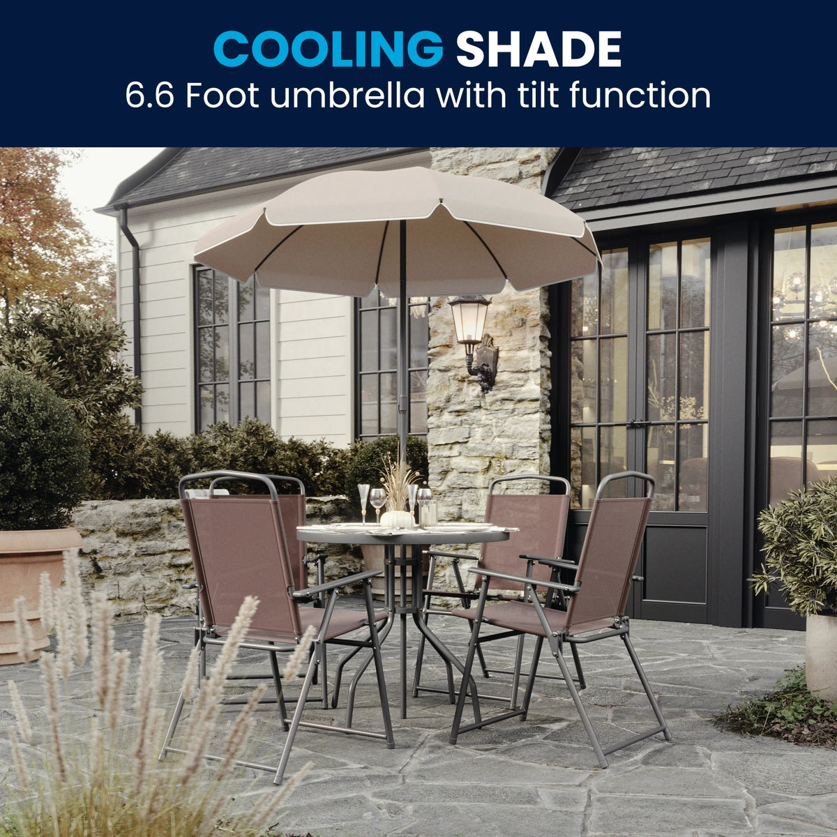 Flash Furniture Nantucket 6 Piece Black Patio Garden Set with Umbrella Table and Set of 4 Folding Chairs