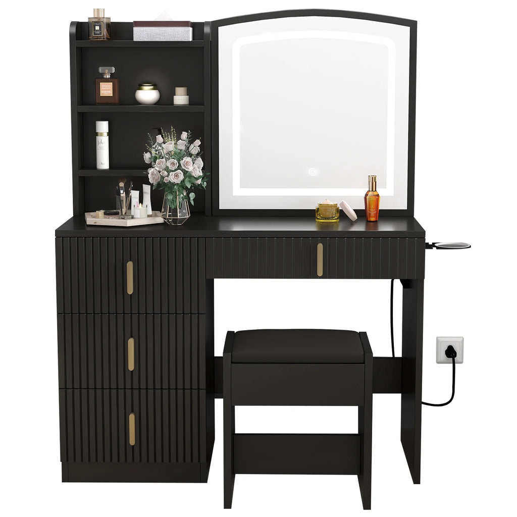 Dextrus Vanity Table Set with LED Lighted Mirror & Stool, Dressing Table with Sliding Mirror & Charging Station , Makeup Table with Storage Shelves & Drawers, White Vanity Desk for Bedroom, White