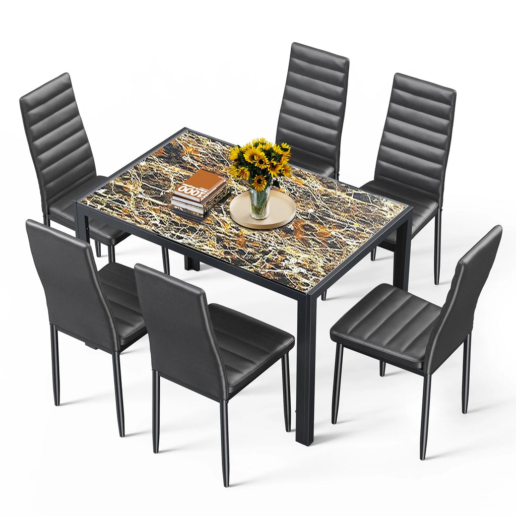 Asofer Modern 7 Piece Dining Table Sets for 6, Glass Kitchen Table, PU Leather Chair, Dining Room, Black