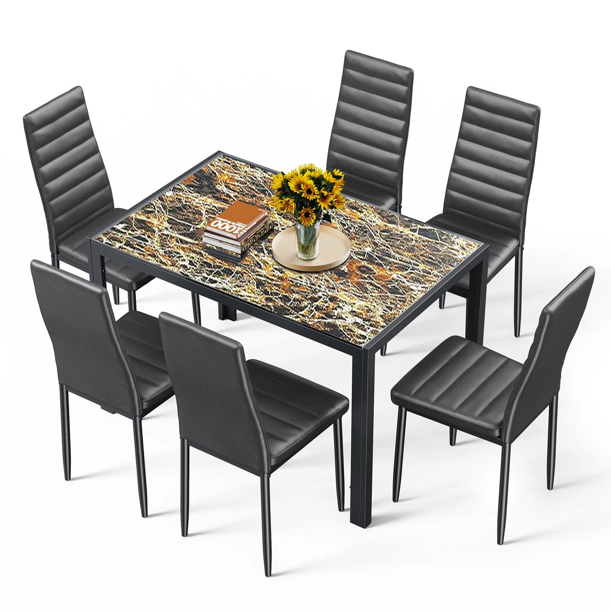 Asofer Modern 7 Piece Dining Table Sets for 6, Glass Kitchen Table, PU Leather Chair, Dining Room, Black