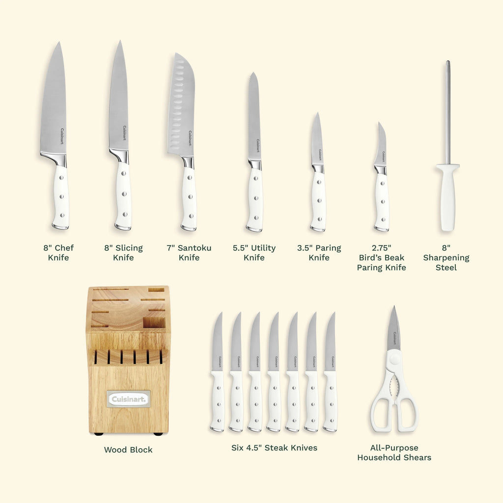 Cuisinart C77WTR-15PG Triple Rivet Collection 15-Piece Cutlery Block Set, White/Grey