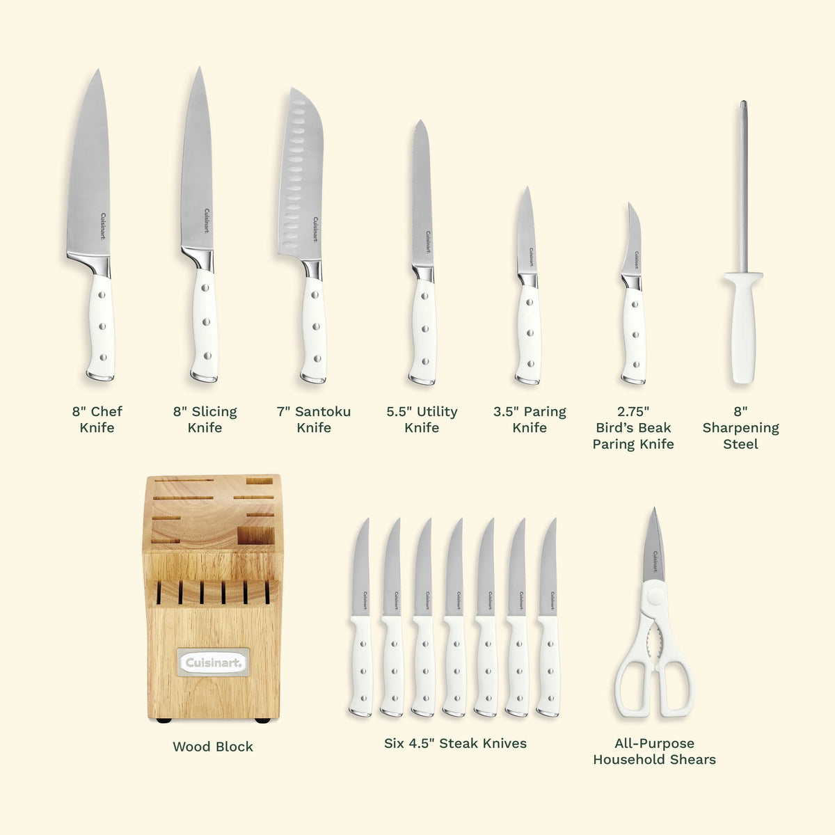 Cuisinart C77WTR-15PG Triple Rivet Collection 15-Piece Cutlery Block Set, White/Grey