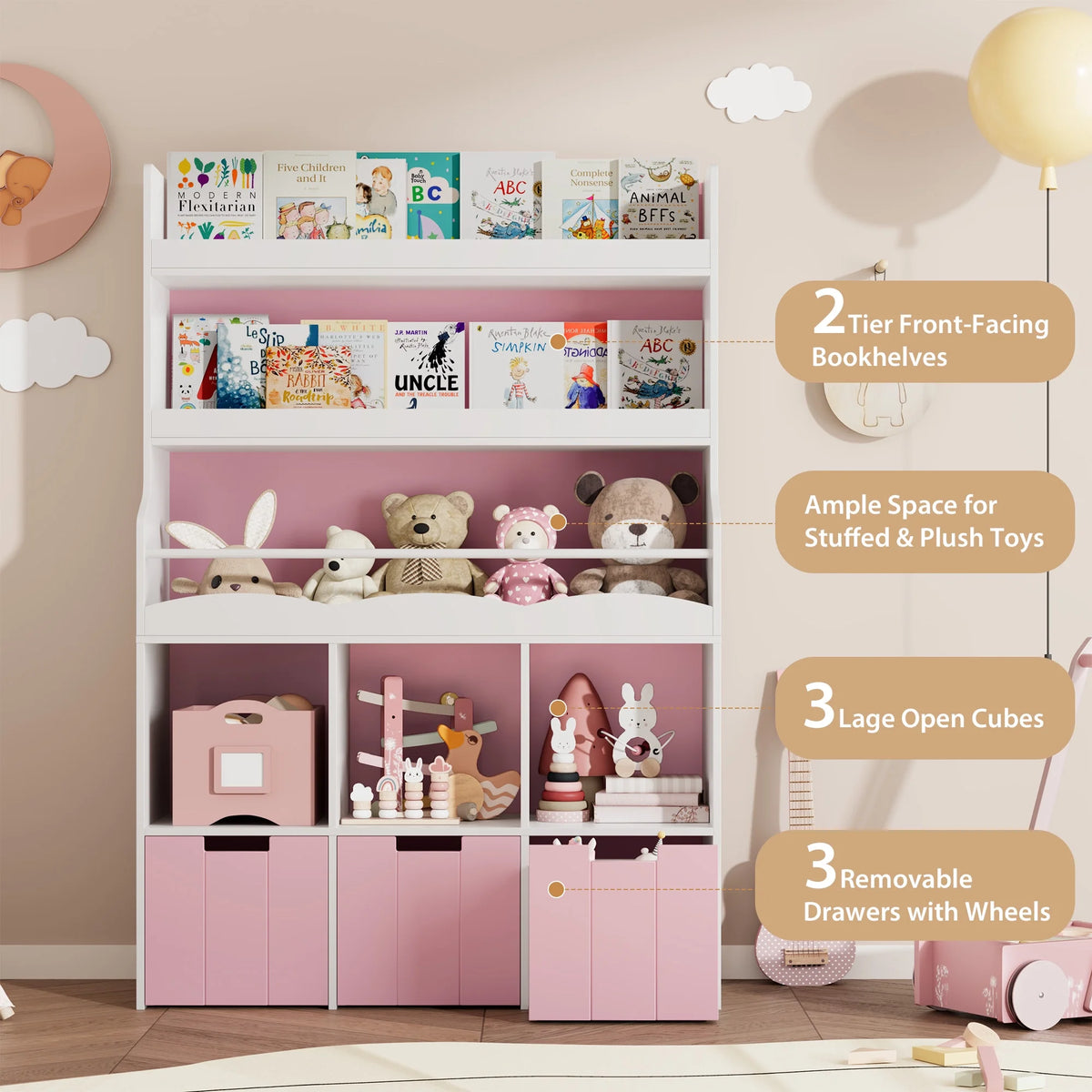 Homfa 55.5�� H Kids Bookshelf with 2-Tier Book Shelves, Children Toy Organizer with 3 Cubes and Removable Drawers, White
