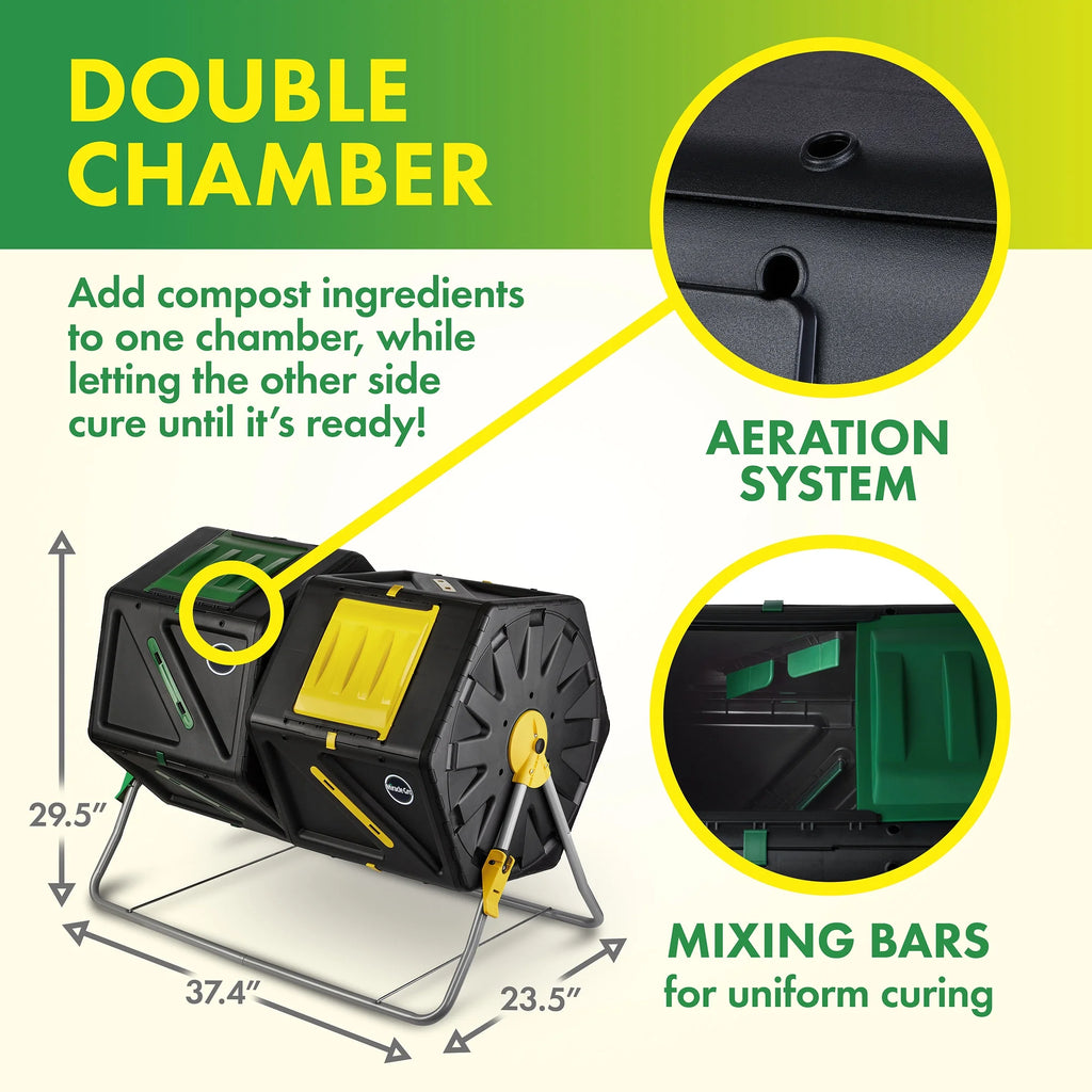 Miracle-Gro Large Dual Chamber Compost Tumbler Easy-Turn, Fast-Working System - All-Season, Heavy-Duty, High Volume Composter with 2 Sliding Doors - Gardening Gloves Included