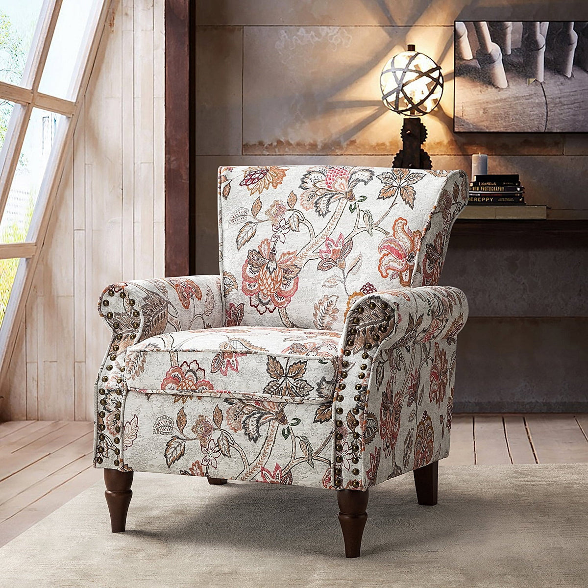 14 Karat Home Wingback Accent Chair Removable Cushion Floral Upholstered Sofa Armchair Couch Wood Legs Nailhead Trim Pink