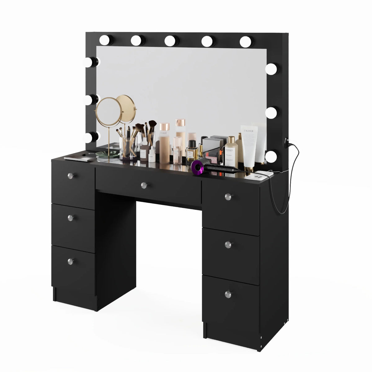 Ember Interiors Ibbie White Makeup Vanity with Glass Top, Lights, Charging Station