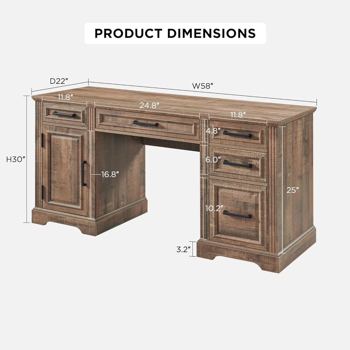 T4TREAM Farmhouse Wood 58" Executive Desk, Home Office 30" High Computer Desk with Drawers and Storage Cabinet, White