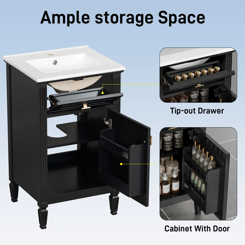 Euroco 20" Bathroom Vanity with Integrated Ceramic Sink, Soft-Close Hinges and Drawer Storage, Solid Wood Legs
