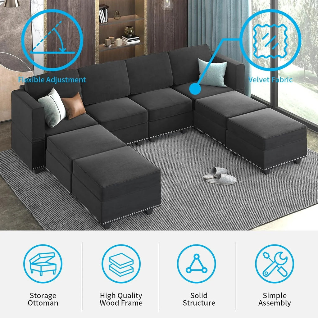 Mjkone Modular Sectional Sofa with Adjustable Armrest and Backrest for Living Room，U/L  Shaped Couch 8 Seater Convertible Sectional Couch with Storage Ottoman for Living Room,Dark Grey