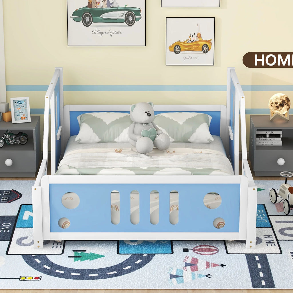 Euroco Car-Shaped Full Size Wood Platform Bed for Kids�� Bedroom, Solid Car Bed for Kids Gift, Low Profile, Blue